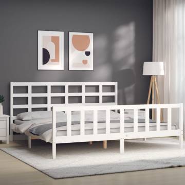 Stylish White Bed Frame with Headboard - 200x200 cm Solid Wood