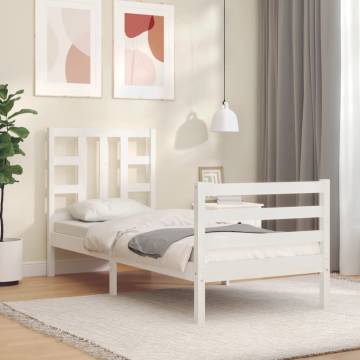 White Small Single Bed Frame with Headboard - Solid Wood