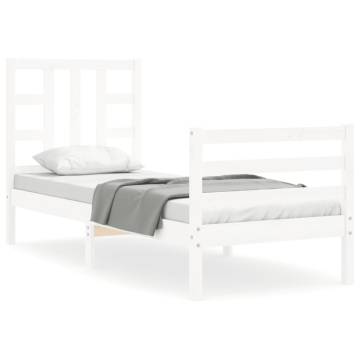 White Small Single Bed Frame with Headboard - Solid Wood