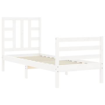 White Small Single Bed Frame with Headboard - Solid Wood