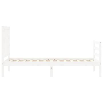 White Small Single Bed Frame with Headboard - Solid Wood