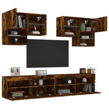 6 Piece TV Wall Cabinet Set with LED Lights - Smoked Oak