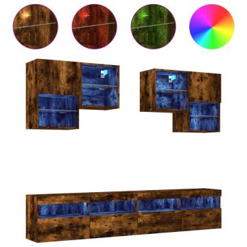 6 Piece TV Wall Cabinet Set with LED Lights - Smoked Oak