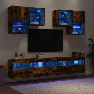 6 Piece TV Wall Cabinet Set with LED Lights - Smoked Oak