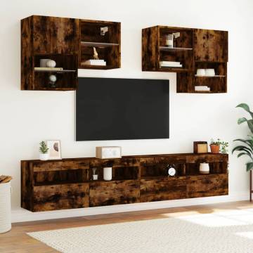 6 Piece TV Wall Cabinet Set with LED Lights - Smoked Oak