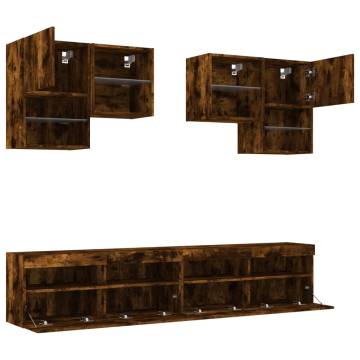 6 Piece TV Wall Cabinet Set with LED Lights - Smoked Oak