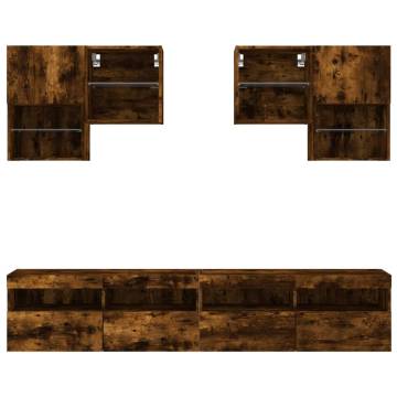 6 Piece TV Wall Cabinet Set with LED Lights - Smoked Oak