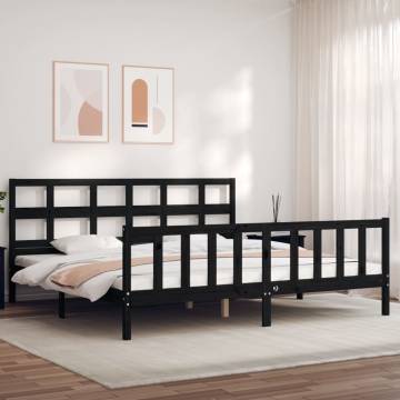 Elegant Black Bed Frame with Headboard - 200x200 cm Solid Wood