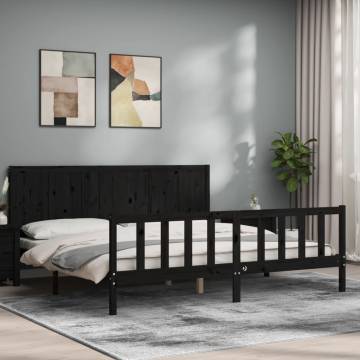 Black Bed Frame with Headboard - 200x200 cm Solid Wood