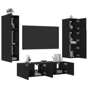 6 Piece Black TV Wall Units with LED - Space Saving Design