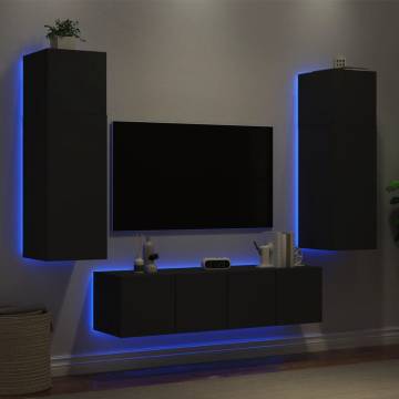 6 Piece Black TV Wall Units with LED - Space Saving Design