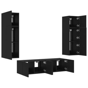 6 Piece Black TV Wall Units with LED - Space Saving Design