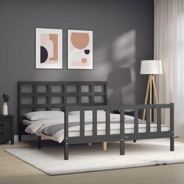 Grey King Size Bed Frame with Headboard - Solid Wood Design