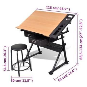 Two Drawers Tiltable Drawing Table with Stool | HipoMarket