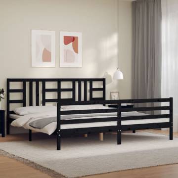 Black Bed Frame with Headboard - Solid Pine Wood 200x200 cm