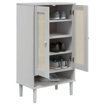 Shoe Cabinet SENJA Rattan Look - White Solid Wood Storage