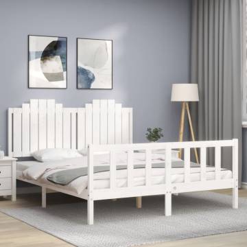 King Size White Bed Frame with Headboard - Solid Pine Wood