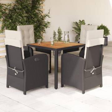 5 Piece Garden Dining Set with Cushions - Black Poly Rattan