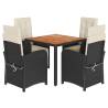 5 Piece Garden Dining Set with Cushions - Black Poly Rattan