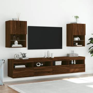 Stylish Brown Oak TV Cabinets with LED Lights - Set of 2