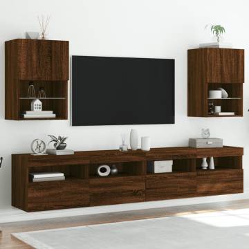 Stylish Brown Oak TV Cabinets with LED Lights - Set of 2