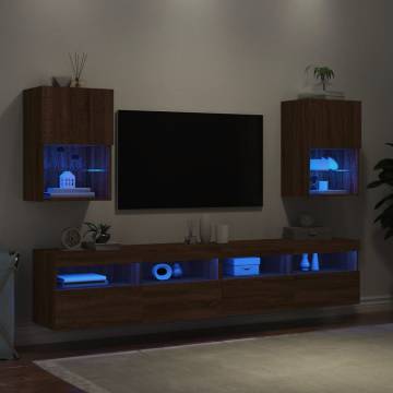 Stylish Brown Oak TV Cabinets with LED Lights - Set of 2