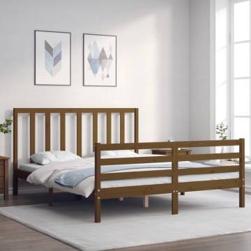 Honey Brown King Size Solid Wood Bed Frame with Headboard