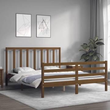 Honey Brown King Size Solid Wood Bed Frame with Headboard