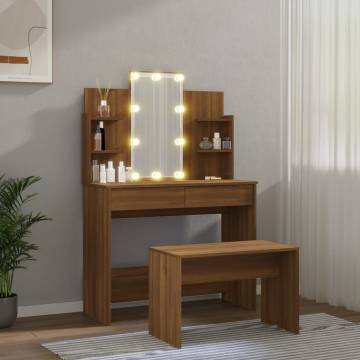 Dressing Table Set with LED - Brown Oak Engineered Wood