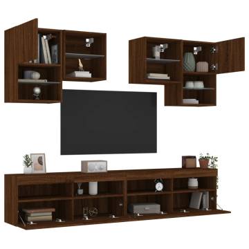 6 Piece TV Wall Cabinet Set with LED Lights - Brown Oak