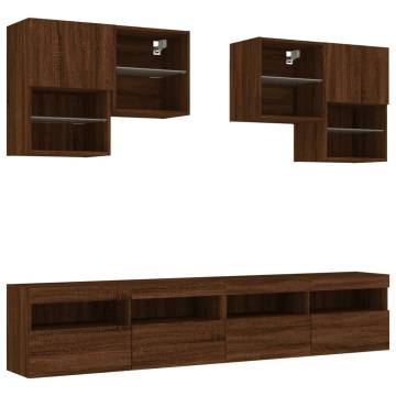 6 Piece TV Wall Cabinet Set with LED Lights - Brown Oak