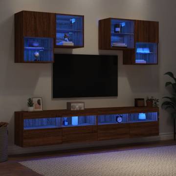 6 Piece TV Wall Cabinet Set with LED Lights - Brown Oak