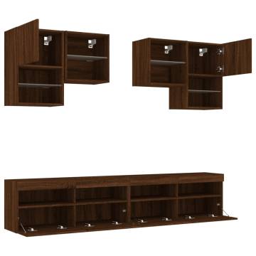 6 Piece TV Wall Cabinet Set with LED Lights - Brown Oak