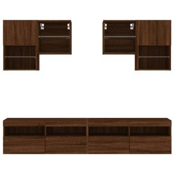 6 Piece TV Wall Cabinet Set with LED Lights - Brown Oak