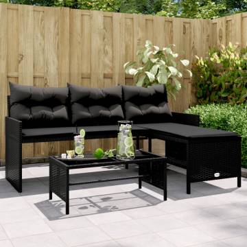 L-Shaped Black Poly Rattan Garden Sofa with Table & Cushions