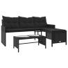 L-Shaped Black Poly Rattan Garden Sofa with Table & Cushions