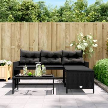 L-Shaped Black Poly Rattan Garden Sofa with Table & Cushions