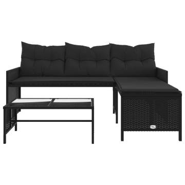 L-Shaped Black Poly Rattan Garden Sofa with Table & Cushions