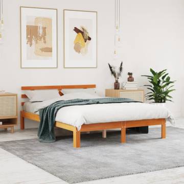 Solid Pine Bed Frame with Headboard - Wax Brown 120x190 cm