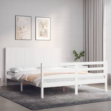 White Bed Frame with Headboard - Solid Wood 160x200 cm