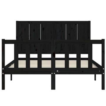 Black Bed Frame with Headboard 140x190 cm - Solid Wood