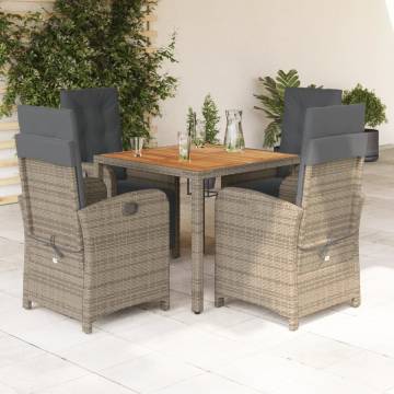 5 Piece Garden Dining Set with Cushions - Grey Poly Rattan