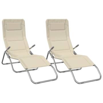 Comfortable Folding Sun Loungers - 2 Pcs Cream Textilene