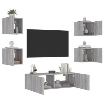 5 Piece TV Wall Cabinets with LED Lights - Grey Sonoma