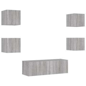 5 Piece TV Wall Cabinets with LED Lights - Grey Sonoma