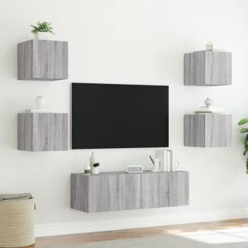 5 Piece TV Wall Cabinets with LED Lights - Grey Sonoma