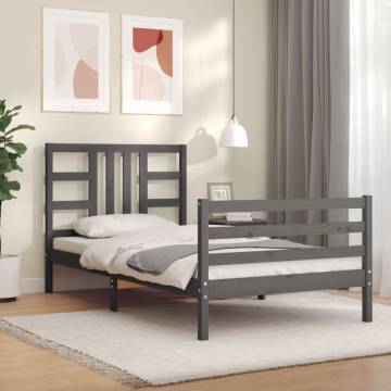 Grey Bed Frame with Headboard 90x200 cm - Solid Wood