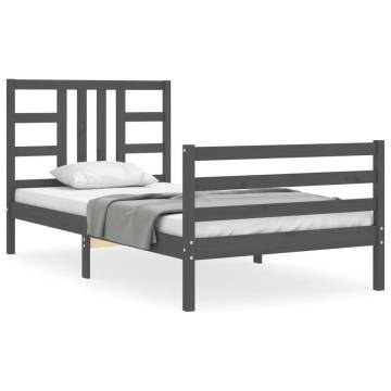 Grey Bed Frame with Headboard 90x200 cm - Solid Wood