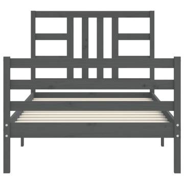 Grey Bed Frame with Headboard 90x200 cm - Solid Wood