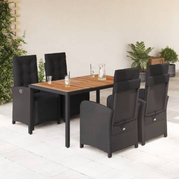 5 Piece Garden Dining Set with Cushions - Black Poly Rattan